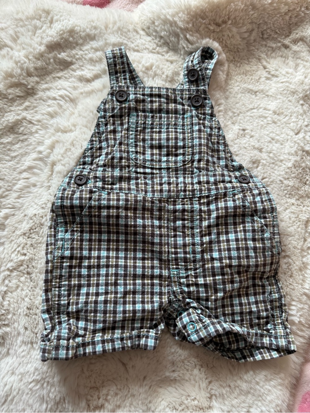 Gymboree Plaid Short Overalls in Brown and Light Blue